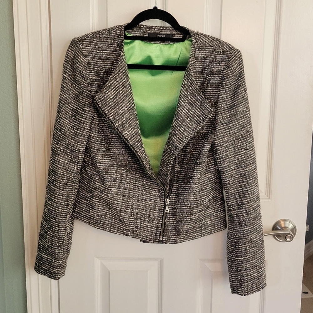 Tahari women's jacket cream & browns, lined in bright green silk Skirt to match